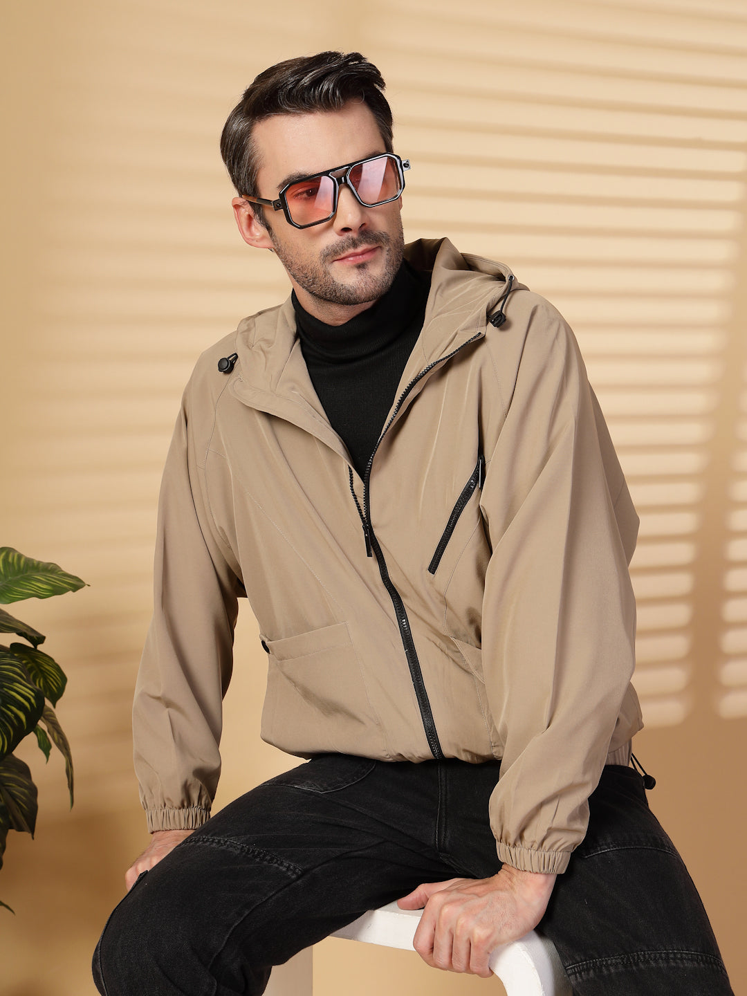 Men Winter Sports Oversized Windcheater Hooded Jacket Khaki