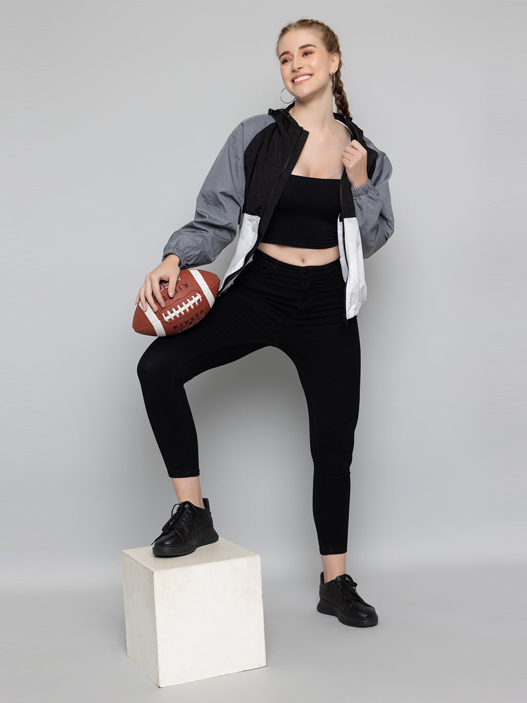 Women Colourblocked Hooded Windcheater Oversized Sports Jacket