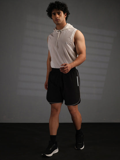Men Double Layered Sports Running Shorts Black Grey