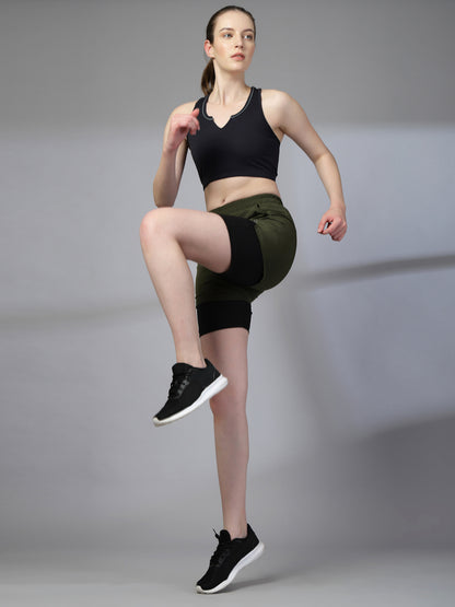 Women's Double Layered Sports Running Shorts Olive Black