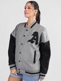 Women Oversized Winter Wear Varsity Jacket with Ribbed Cuffs