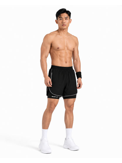 Men Double Layered Sports Running Shorts Black Grey