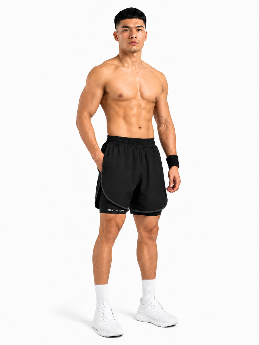 Men Double Layered Sports Running Shorts Black