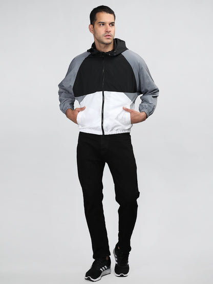 Men Black White Hooded Windcheater Oversized Sports Jacket