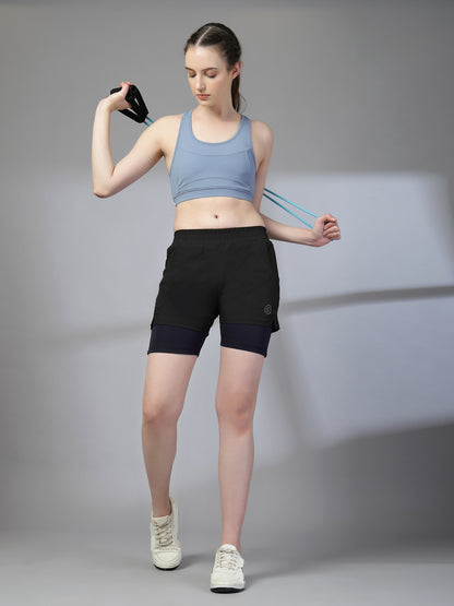 Women's Double Layered Dry Fit Sports Running Shorts Black Purple