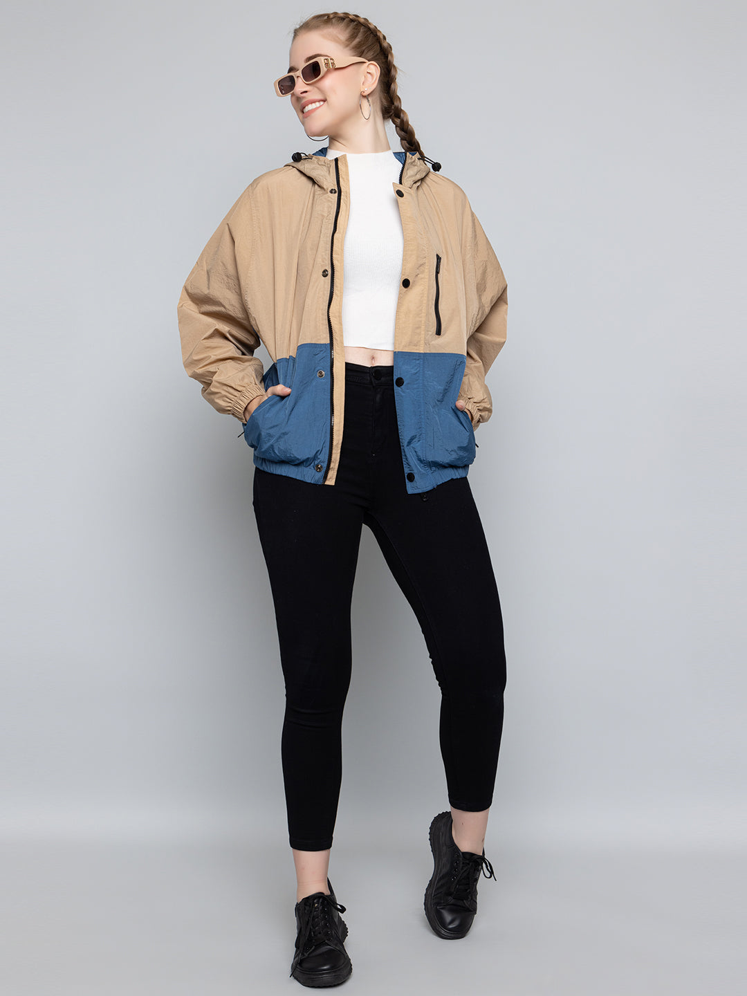 Women Colourblocked Hooded Windcheater Oversized Sports Jacket