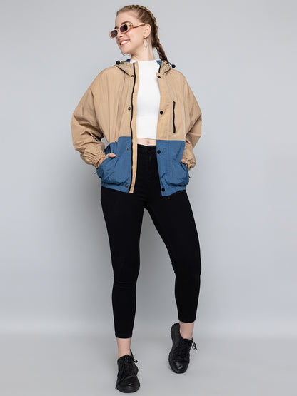 Women Colourblocked Hooded Windcheater Oversized Sports Jacket