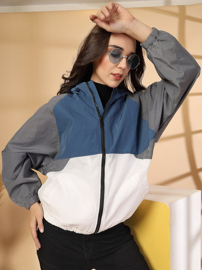 Women Colourblocked Hooded Windcheater Oversized Sports Jacket