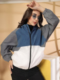 Women Colourblocked Hooded Windcheater Oversized Sports Jacket