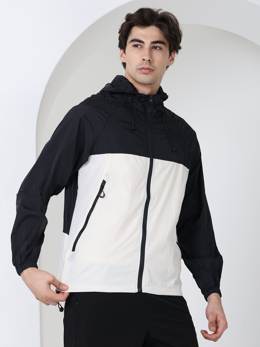 Men’s Black white Lightweight Hooded Windcheater Jacket