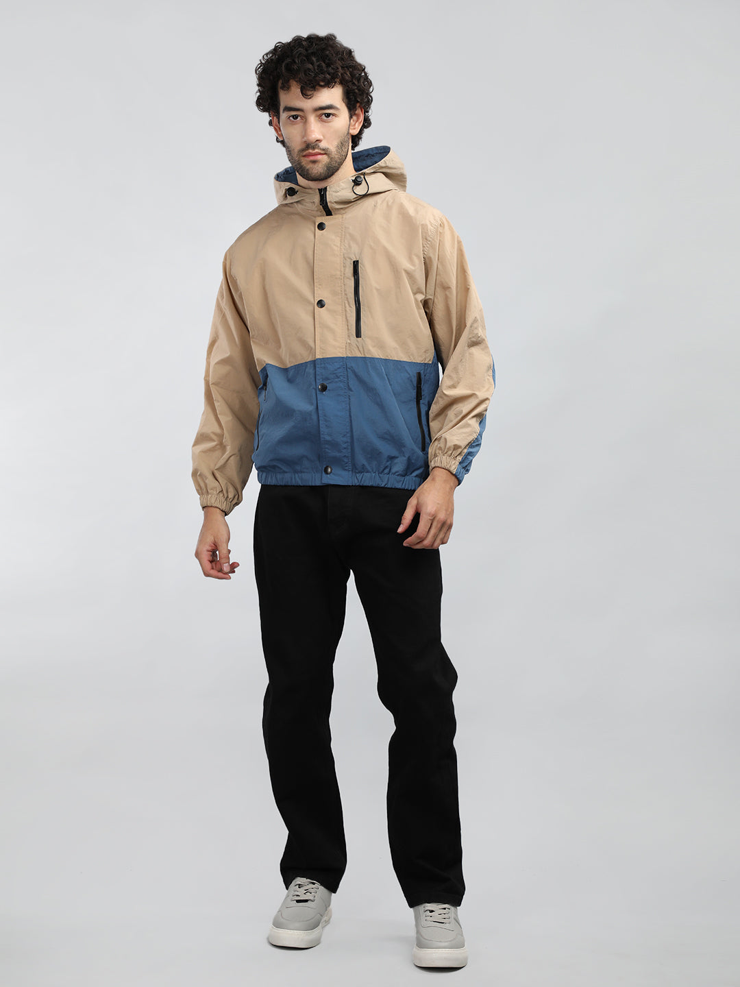 Men Colourblocked Hooded Windcheater Oversized Sports Jacket