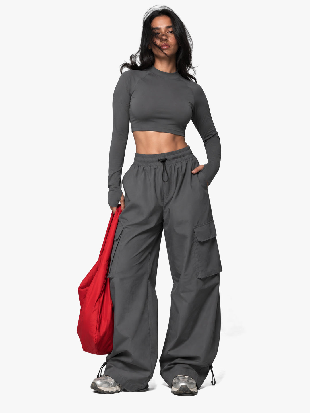 Women's Mid Waist Baggy Cargo Parachute Pants