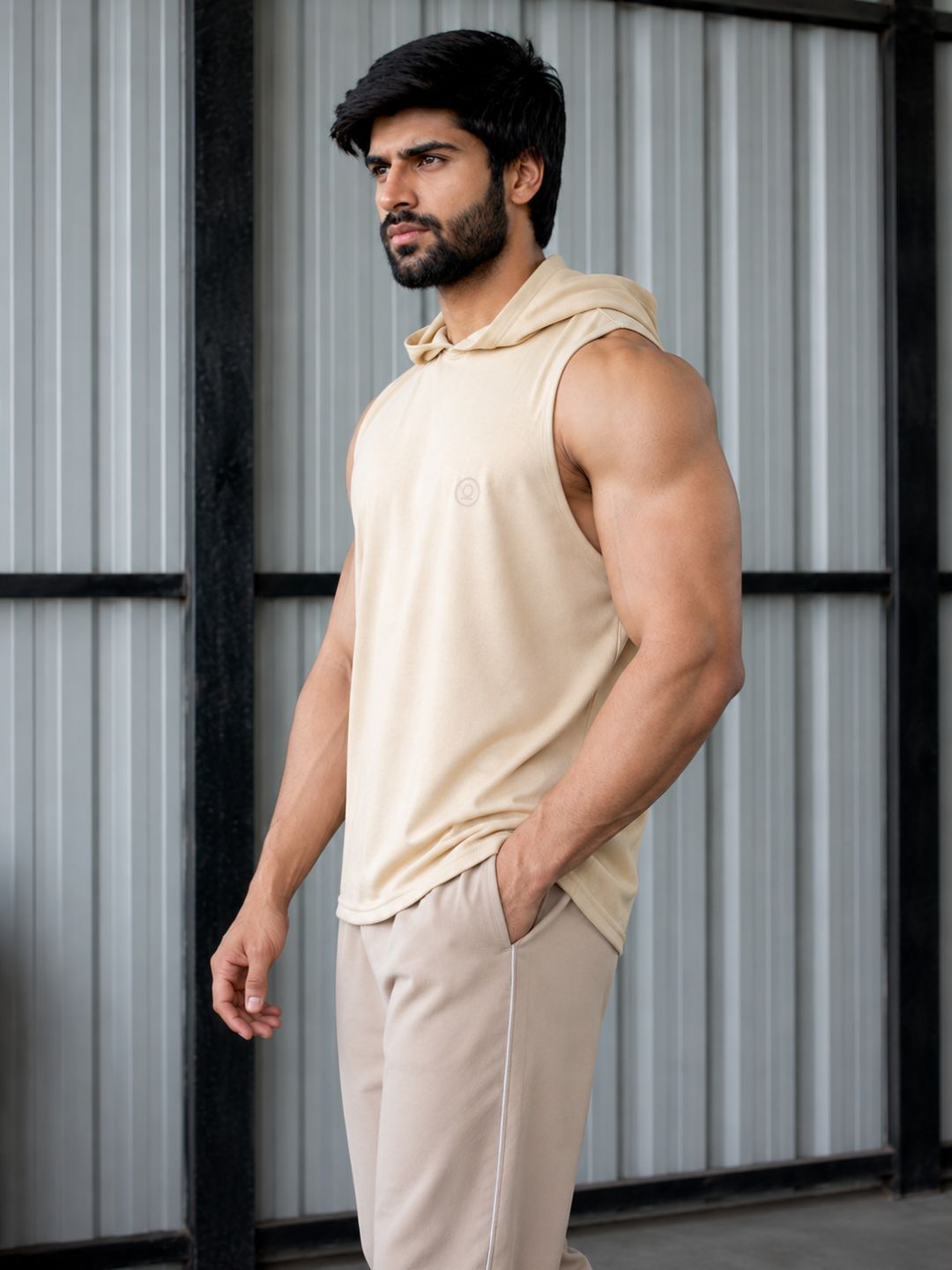 Men Cream Cotton Gym Tanktop Sleeveless Sports Vest