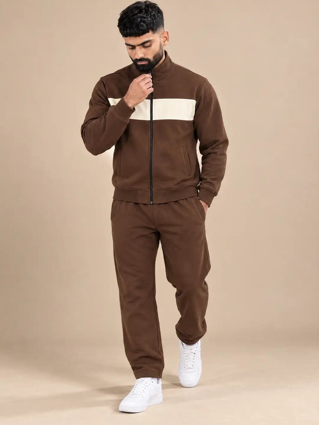 Brown White Heavy Fleece Winter Tracksuit Men