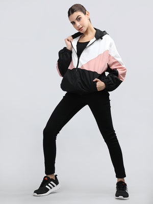 Women Colourblocked Hooded Windcheater Oversized Sports Jacket