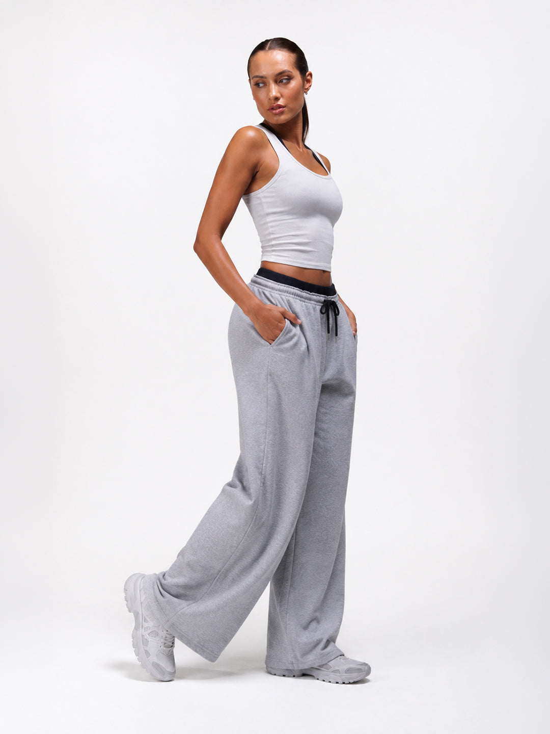 Women Relaxed Fit Wide Leg Trackpants Grey