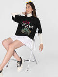 Women Oversized Round Neck Drop Shoulder Printed Cotton T-Shirt