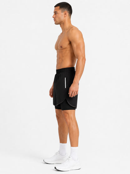 Men Double Layered Sports Running Shorts Black Grey
