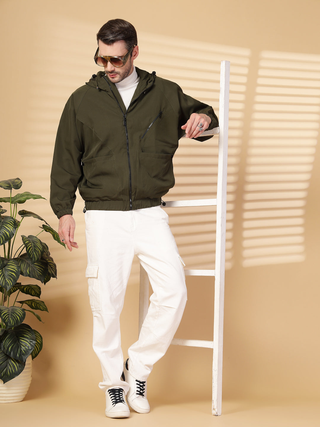 Men Winter Sports Oversized Windcheater Hooded Jacket Olive
