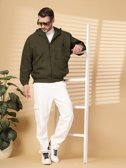Men Winter Sports Oversized Windcheater Hooded Jacket Olive
