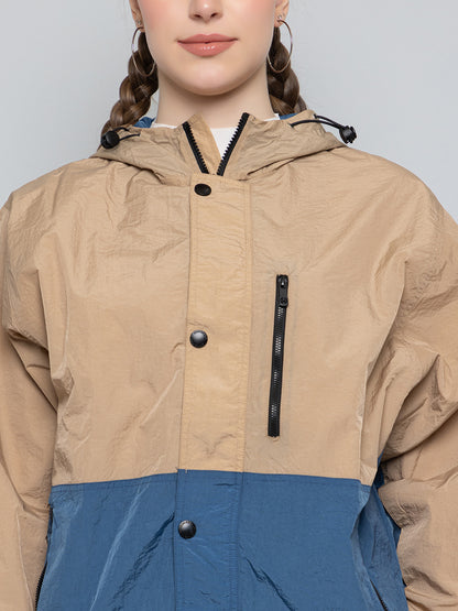Women Colourblocked Hooded Windcheater Oversized Sports Jacket