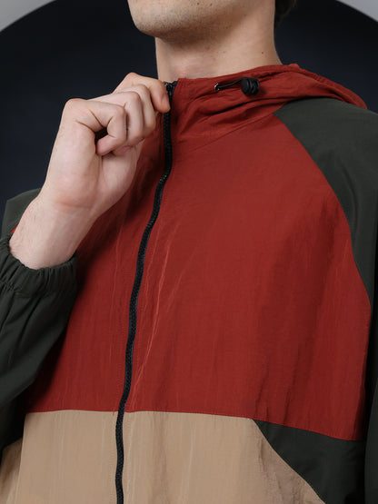 Men Rust Beige Olive Hooded Windcheater Oversized Sports Jacket
