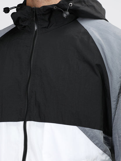 Men Black White Hooded Windcheater Oversized Sports Jacket