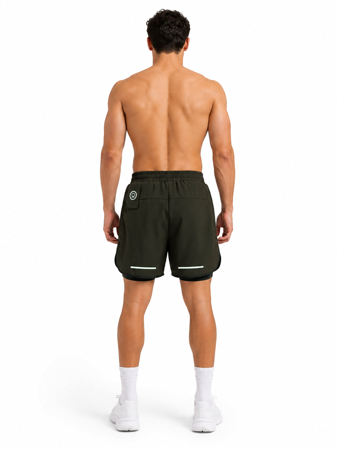 Men Double Layered Sports Running Shorts Olive Black