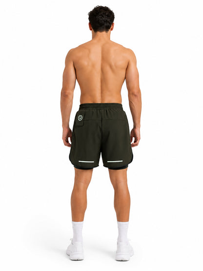 Men Double Layered Sports Running Shorts Olive Black