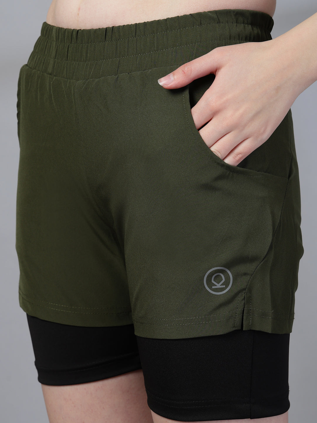 Women's Double Layered Sports Running Shorts Olive Black