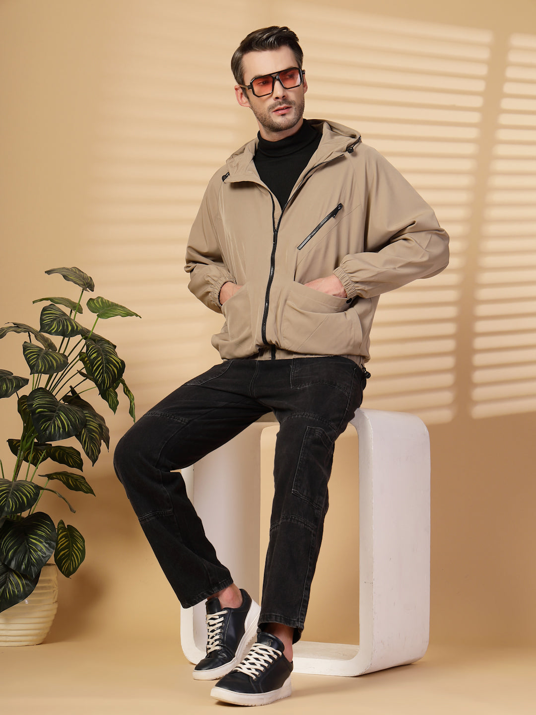 Men Winter Sports Oversized Windcheater Hooded Jacket Khaki