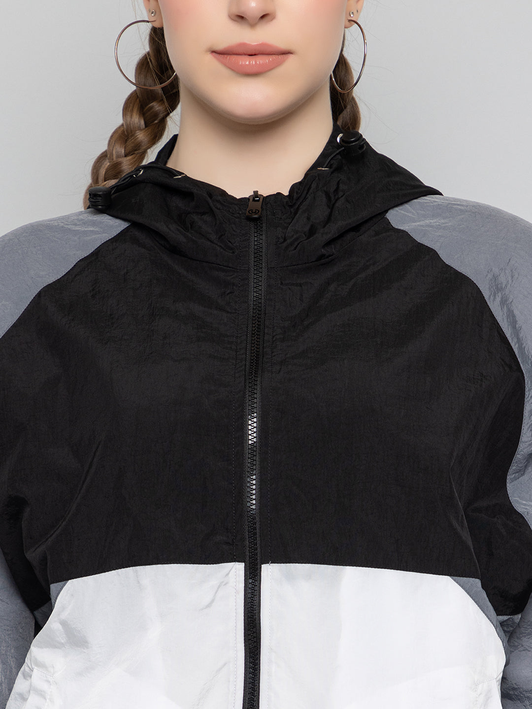Women Colourblocked Hooded Windcheater Oversized Sports Jacket
