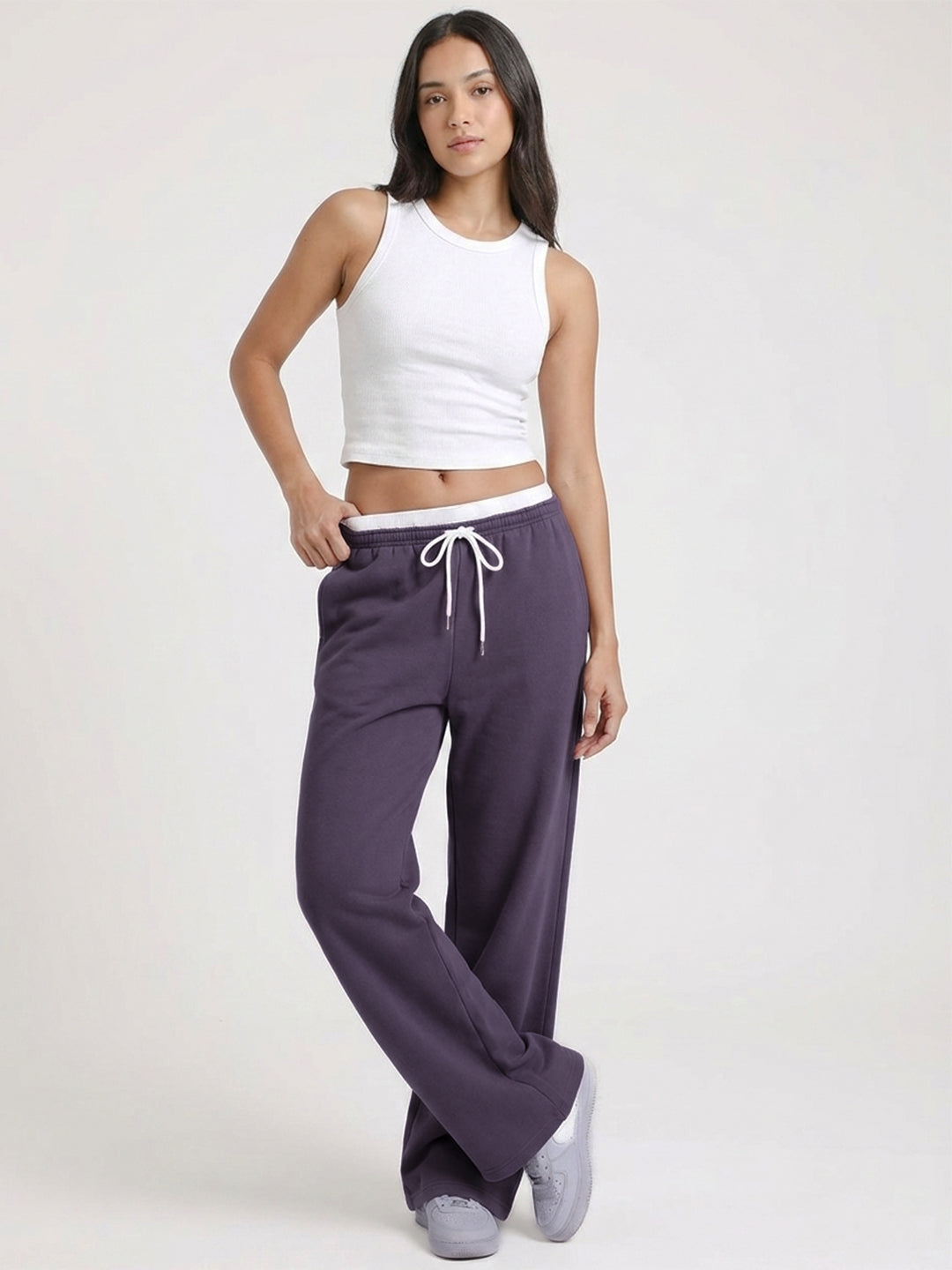 Women Relaxed Fit Wide Leg Trackpants Purple