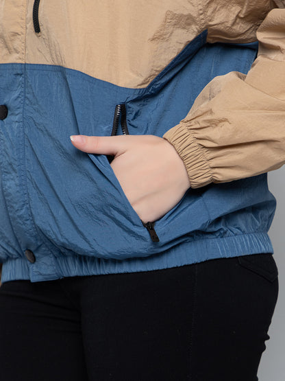 Women Colourblocked Hooded Windcheater Oversized Sports Jacket