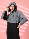 Women Colourblocked Hooded Windcheater Oversized Sports Jacket