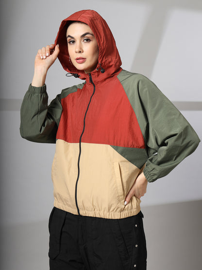 Women Colourblocked Hooded Windcheater Oversized Sports Jacket