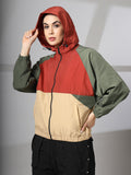 Women Colourblocked Hooded Windcheater Oversized Sports Jacket