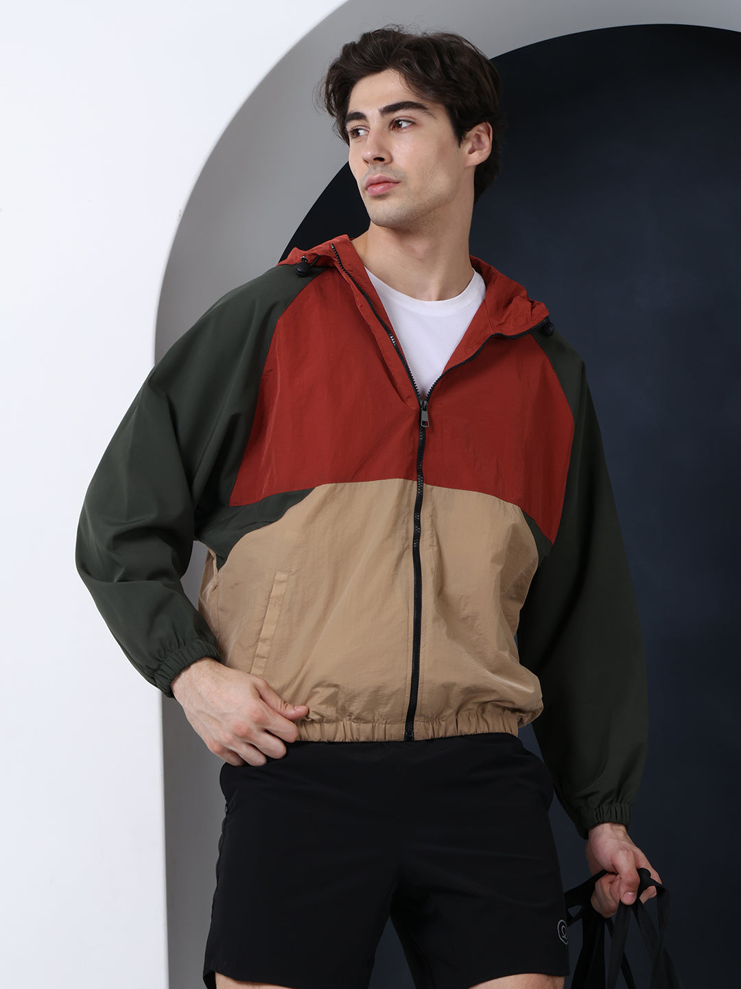 Men Rust Beige Olive Hooded Windcheater Oversized Sports Jacket