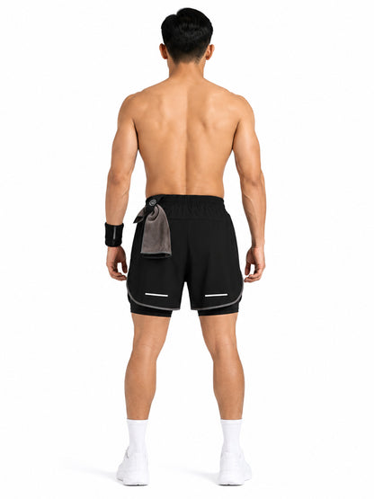 Men Double Layered Sports Running Shorts Black Grey