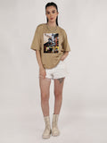 Women Oversized Round Neck Drop Shoulder Printed Cotton T-Shirt