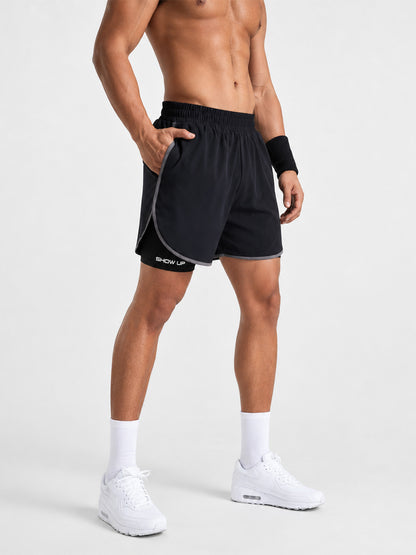 Men Double Layered Sports Running Shorts Navy Gray