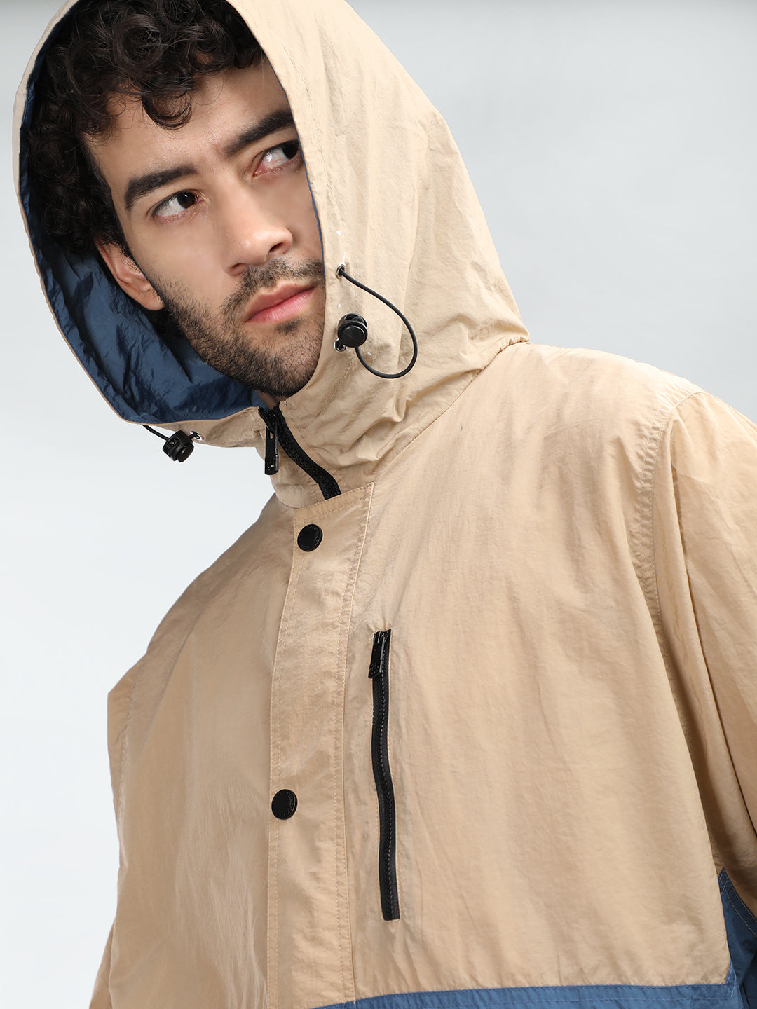 Men Colourblocked Hooded Windcheater Oversized Sports Jacket