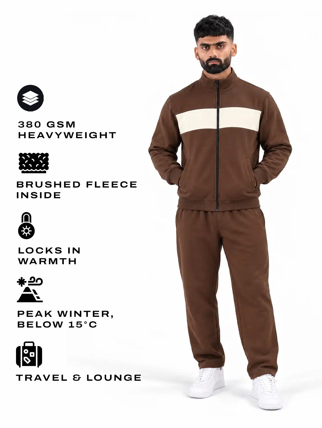 Brown White Heavy Fleece Winter Tracksuit Men