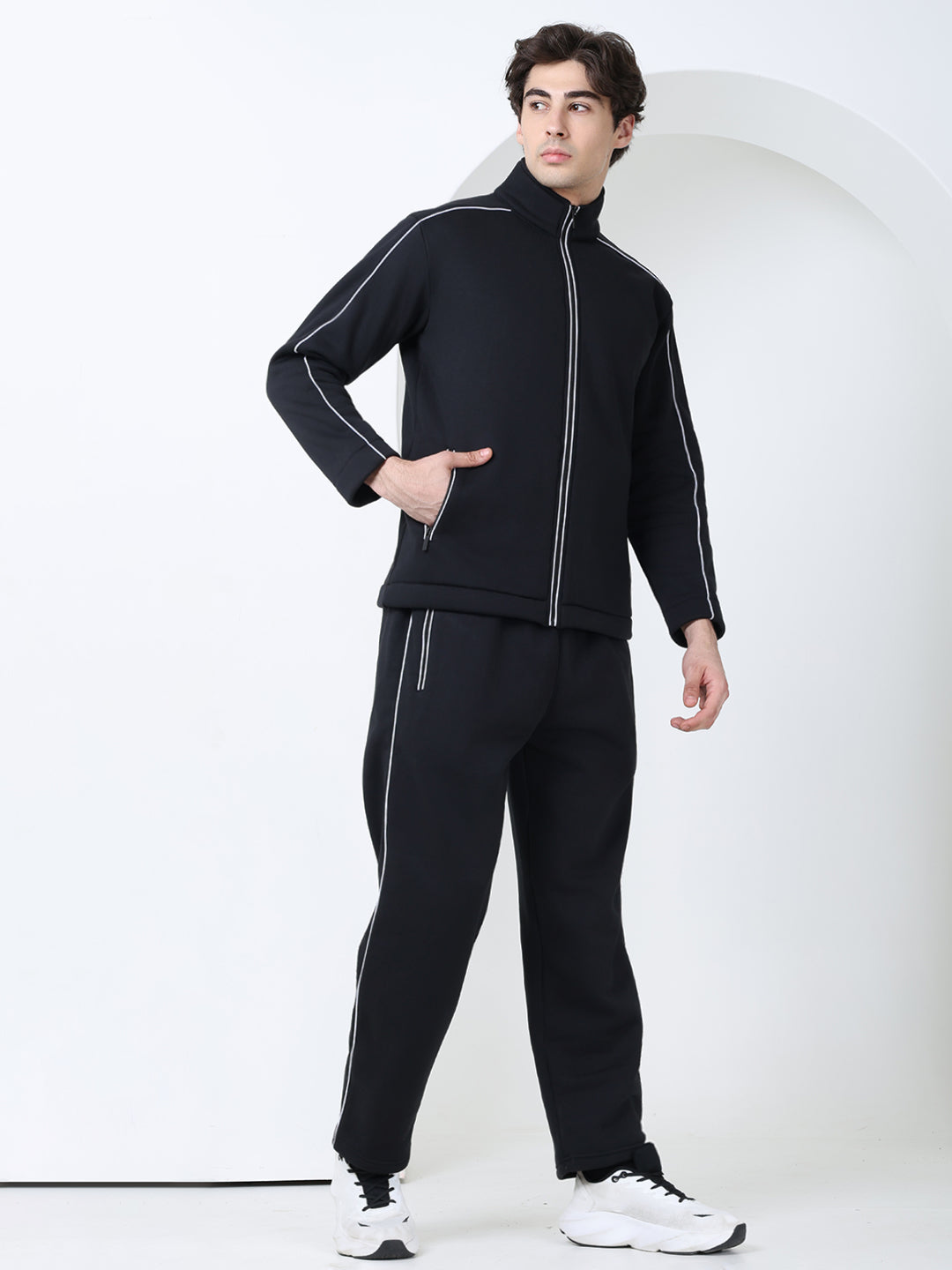 Men's Black White Heavy Fleece Winter Tracksuit