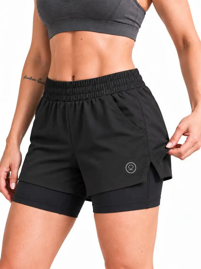 Women's Double Layered Dry Fit Sports Running Shorts Black