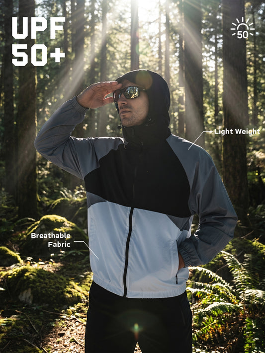 Men’s Lightweight UPF 50+ Sun Protection Summer Jacket Black White Grey