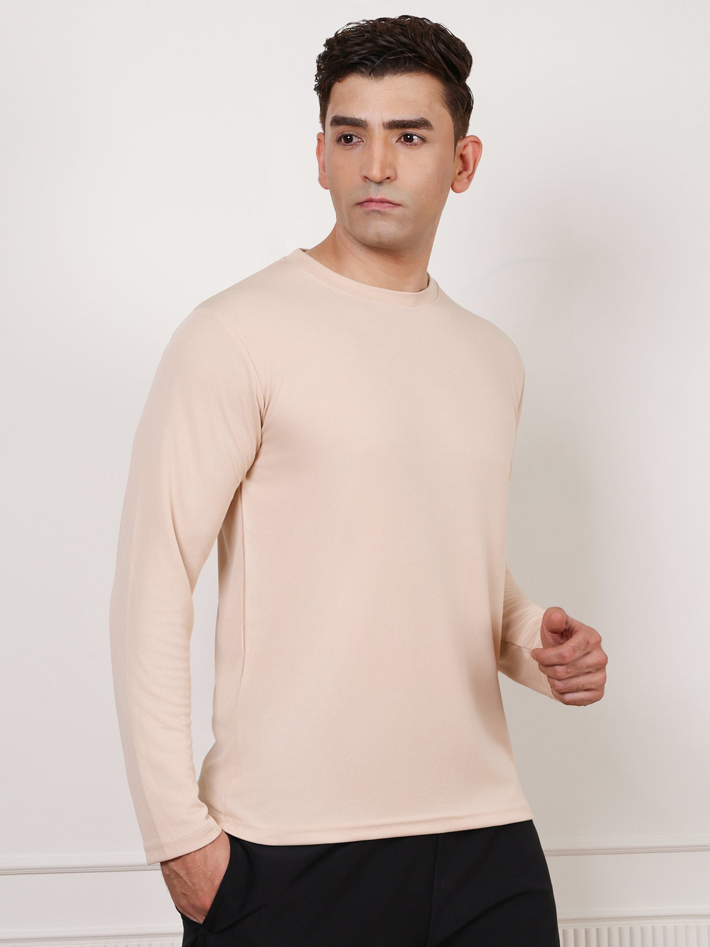 Men's Regular Dry Fit Full Sleeve Gym T-Shirt Beige