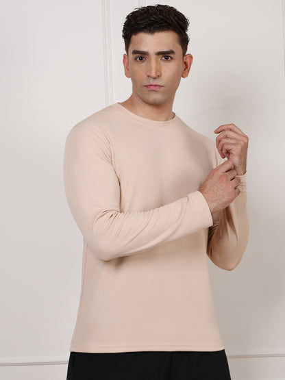 Men's Regular Dry Fit Full Sleeve Gym T-Shirt Beige