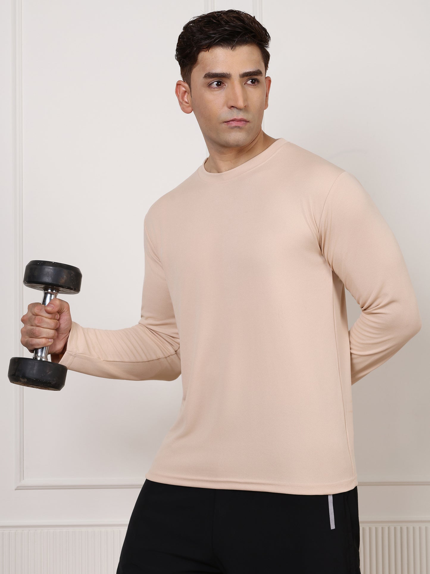 Men's Regular Dry Fit Full Sleeve Gym T-Shirt Beige