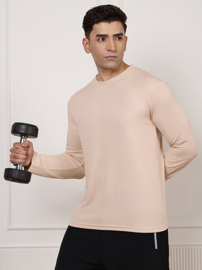Men's Regular Dry Fit Full Sleeve Gym T-Shirt Beige